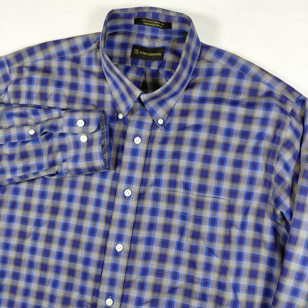 Allen Edmonds Mens Blue Gray Plaid Button Down Shirt Long Sleeve XL 100‎ Cotton